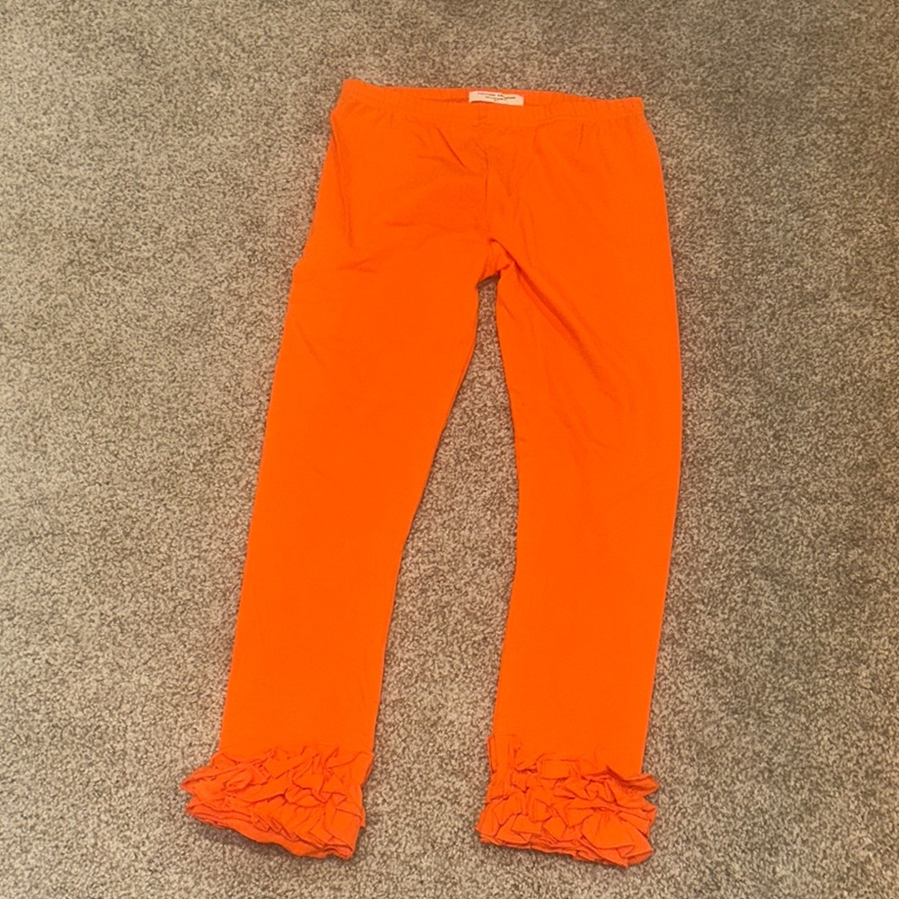 EUC Adorable Essentials Brand Girls Bright Orange Ruffle Leggings Size 8 8T